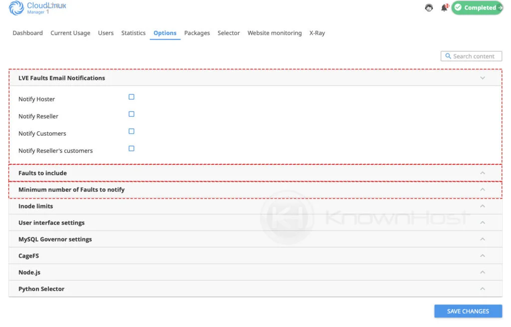cloudlinux fault notification configuration