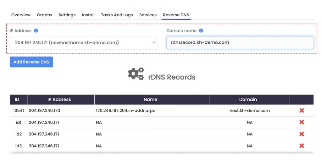 select iP address and enter rDNS record
