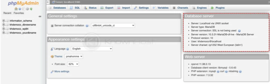 how to check database version using phpmyadmin