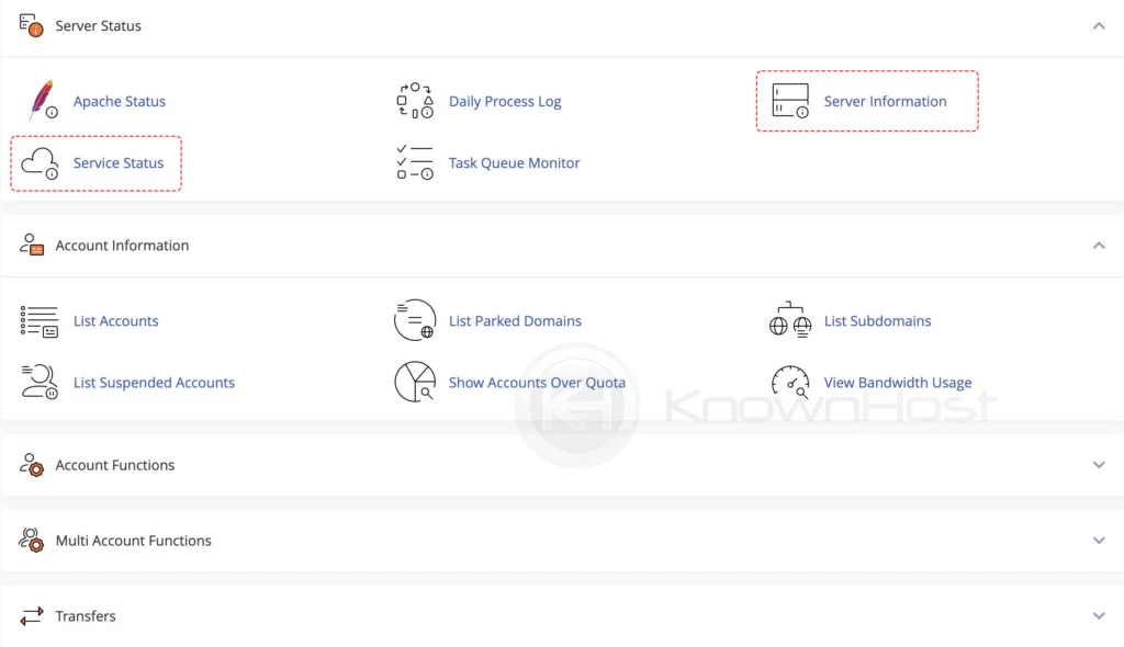 WHM Server Information Service status