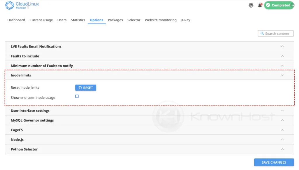 inode configuration cloudlinux options