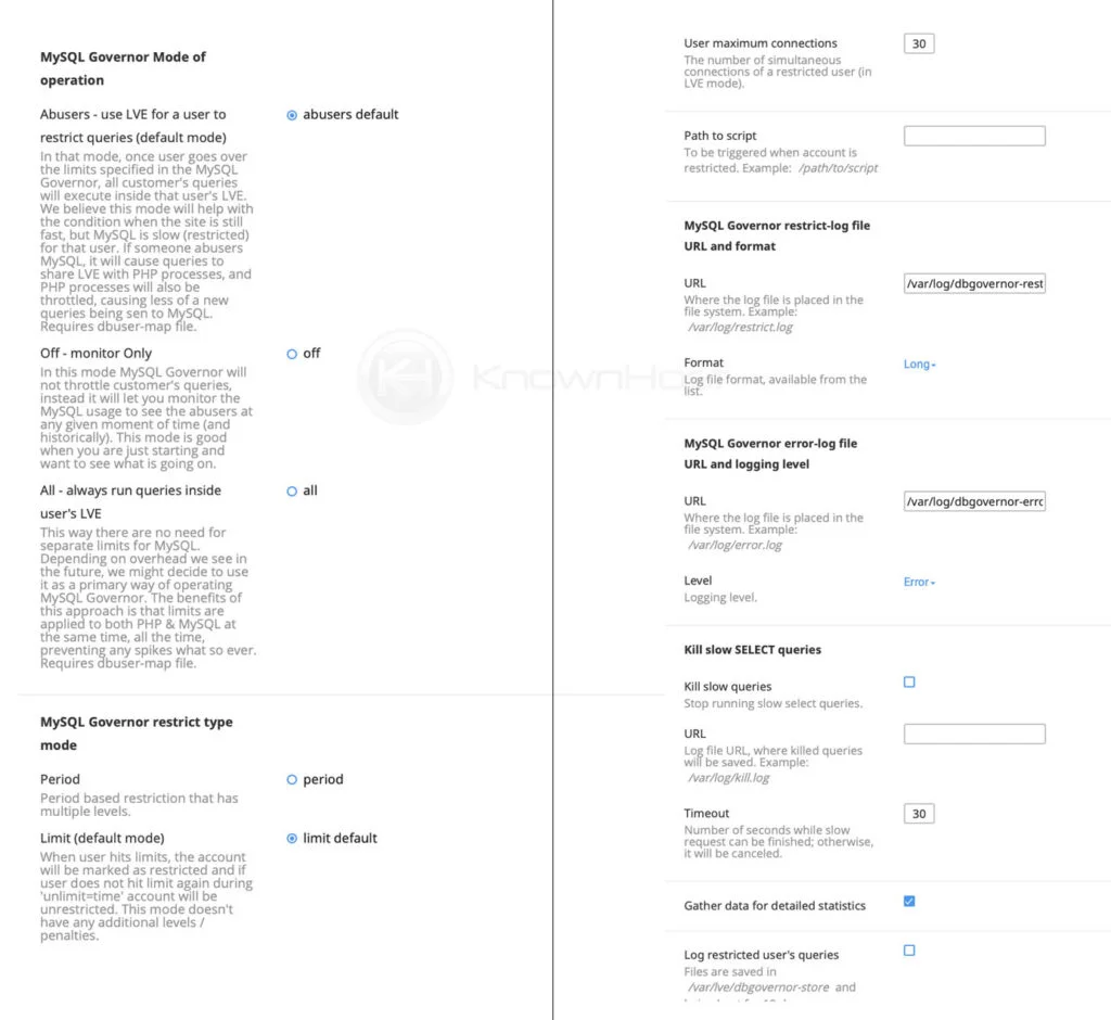 mysql govenor settings cloudlinux