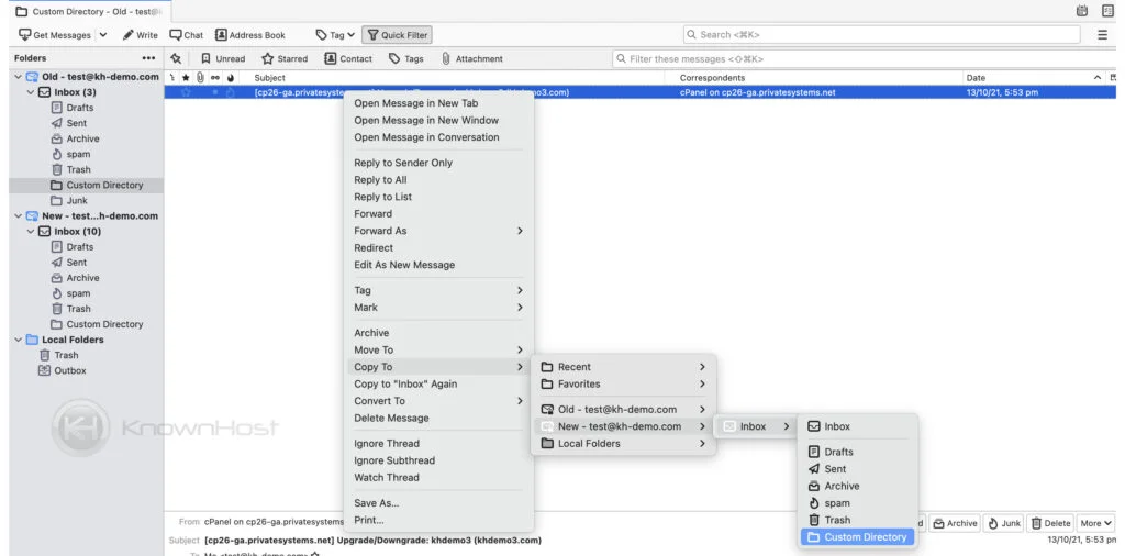 copy sub folder emails to the new