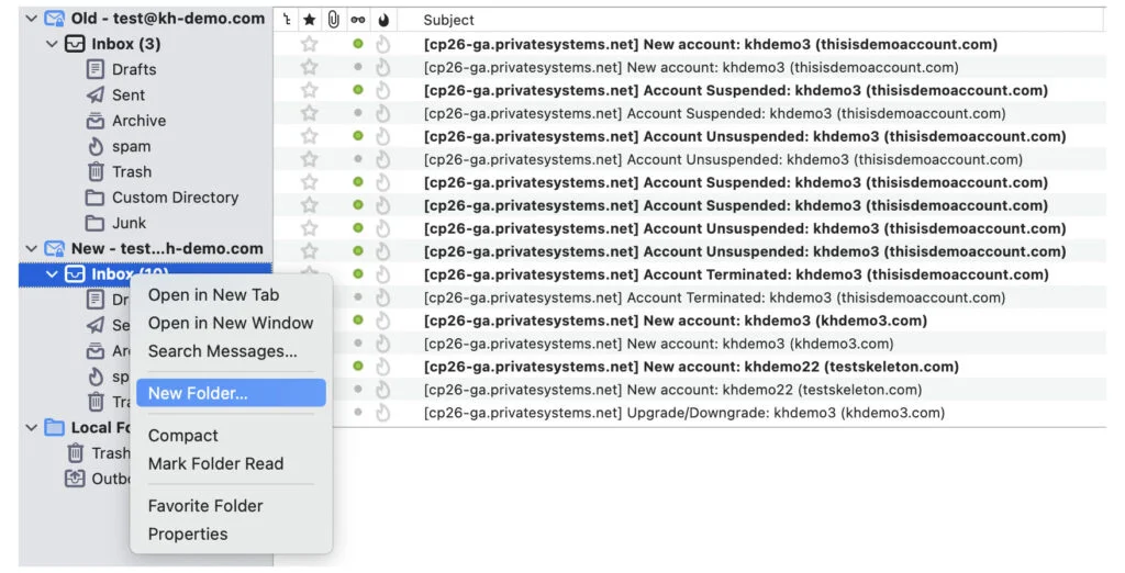 create sub folder thunderbird