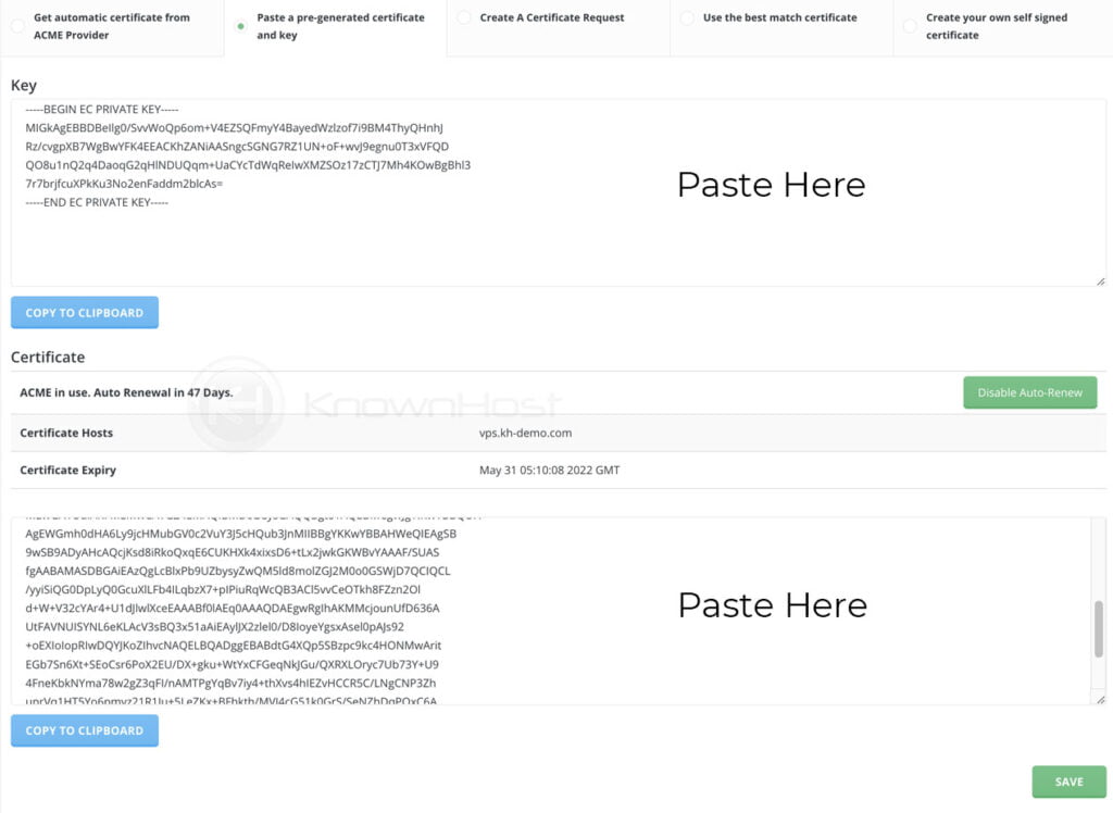 paste key and certificate in directadmin ssl