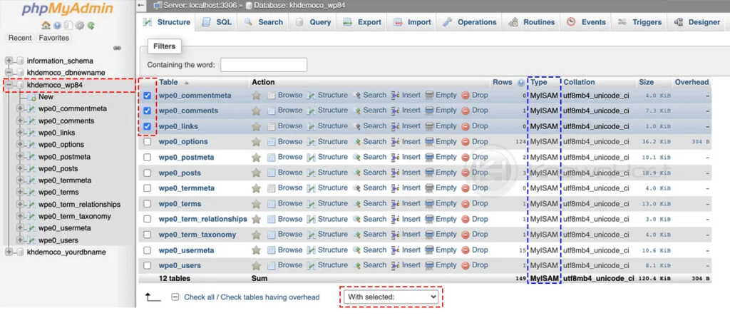 select database - tables to repair using phpmyadmin